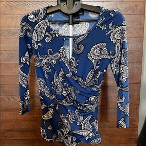 INC International Concepts Navy and White Paisley Wrap Top